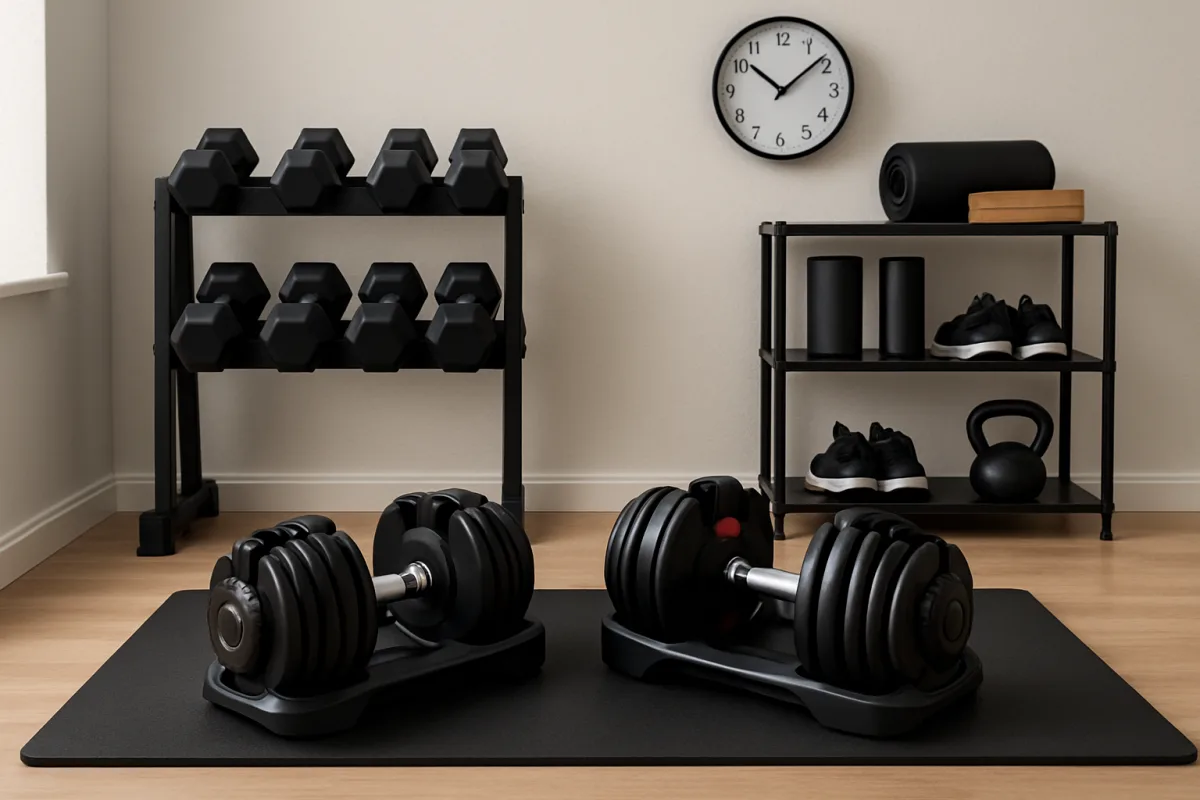 Adjustable Dumbbells in a home gym setting