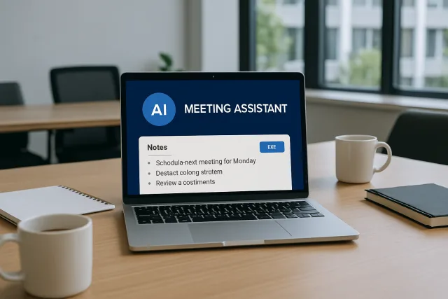 AI Meeting Assistants interface in a modern office setting