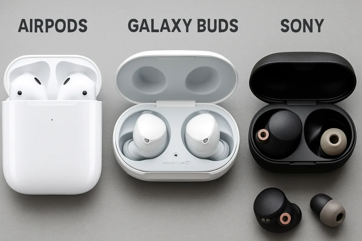 Comparison of AirPods, Galaxy Buds, and Sony earbuds