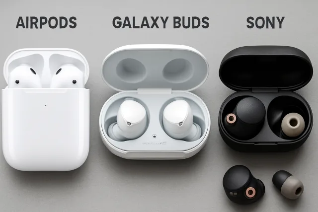 Comparison of AirPods, Galaxy Buds, and Sony earbuds