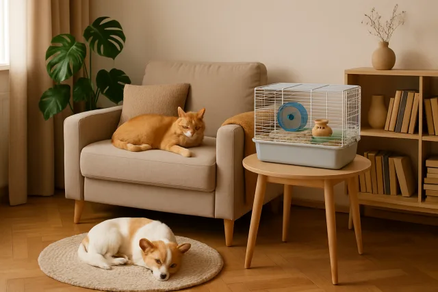 Low maintenance apartment pets including a cat, small dog, and hamster.