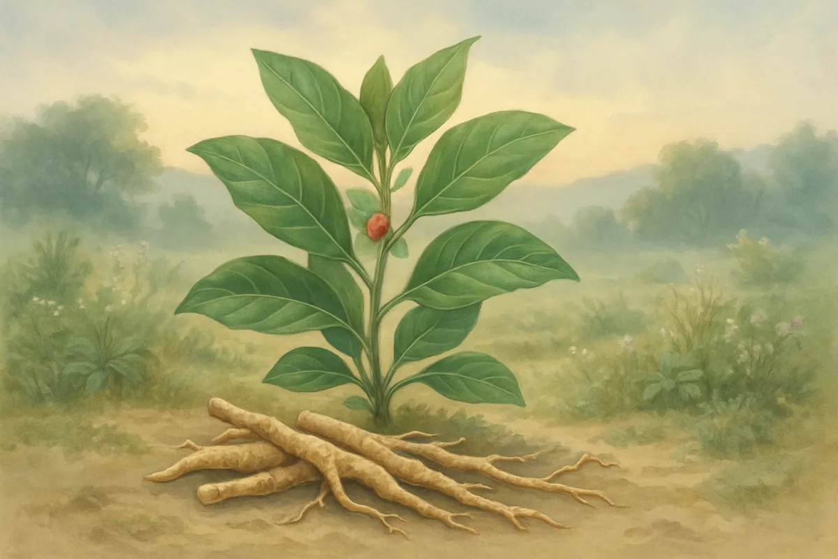 Ashwagandha roots and leaves in a natural setting