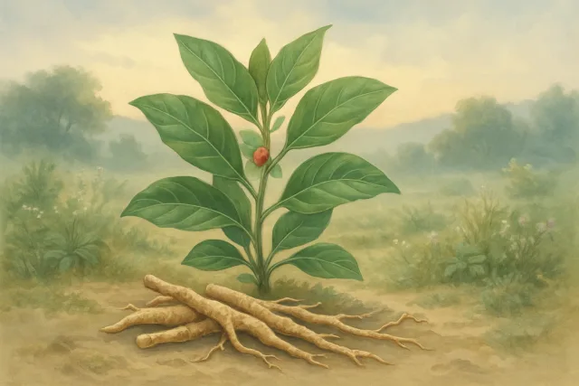 Ashwagandha roots and leaves in a natural setting