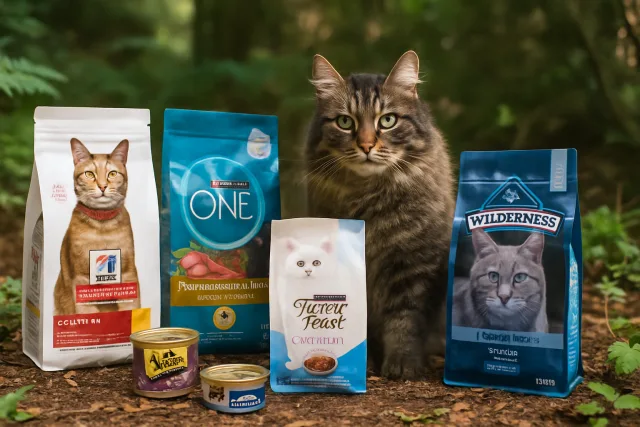 Best cat food brands displayed with a cat