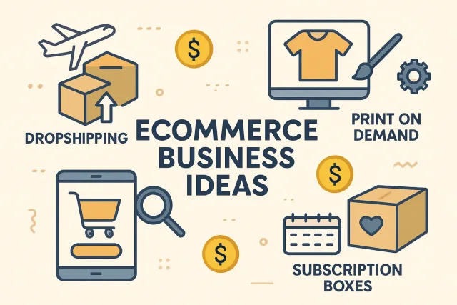 Ecommerce business ideas including dropshipping, print on demand, and subscription boxes.