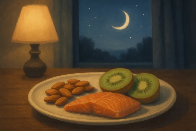 Best foods for better sleep including almonds, kiwi, and fatty fish.