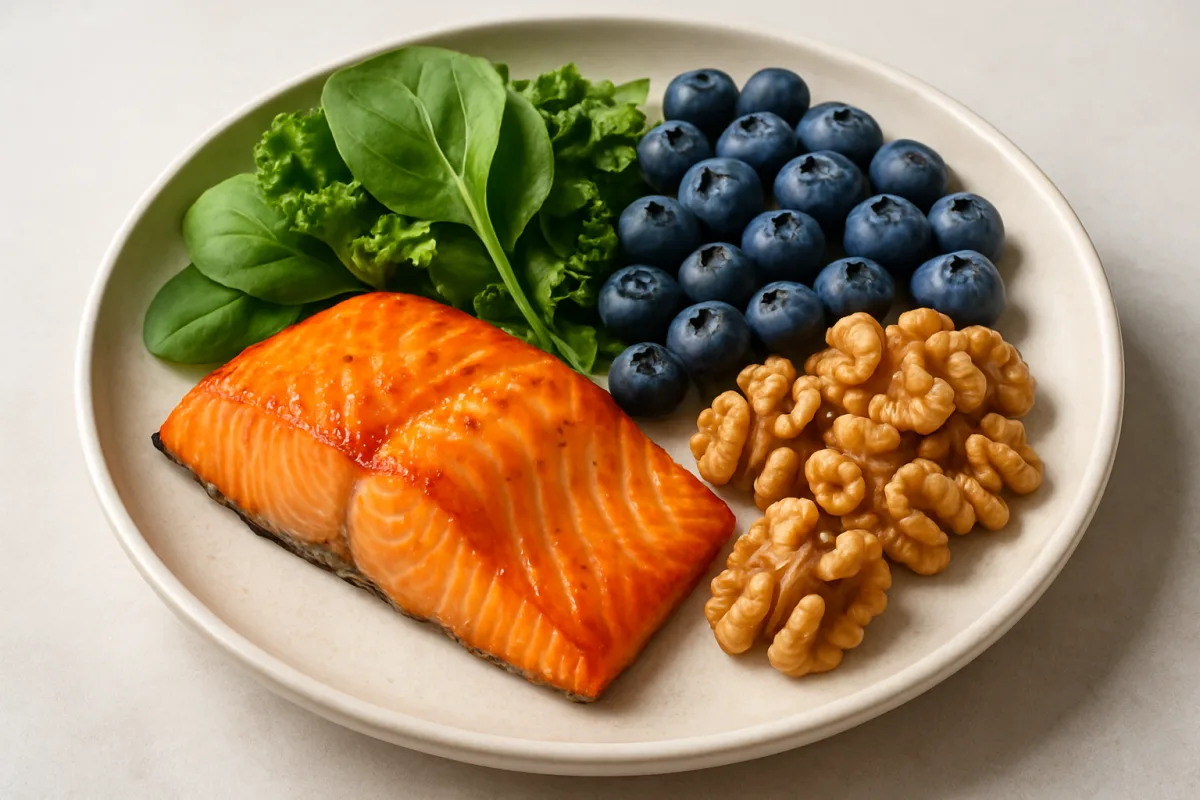 Best foods for brain health including salmon, blueberries, and walnuts.