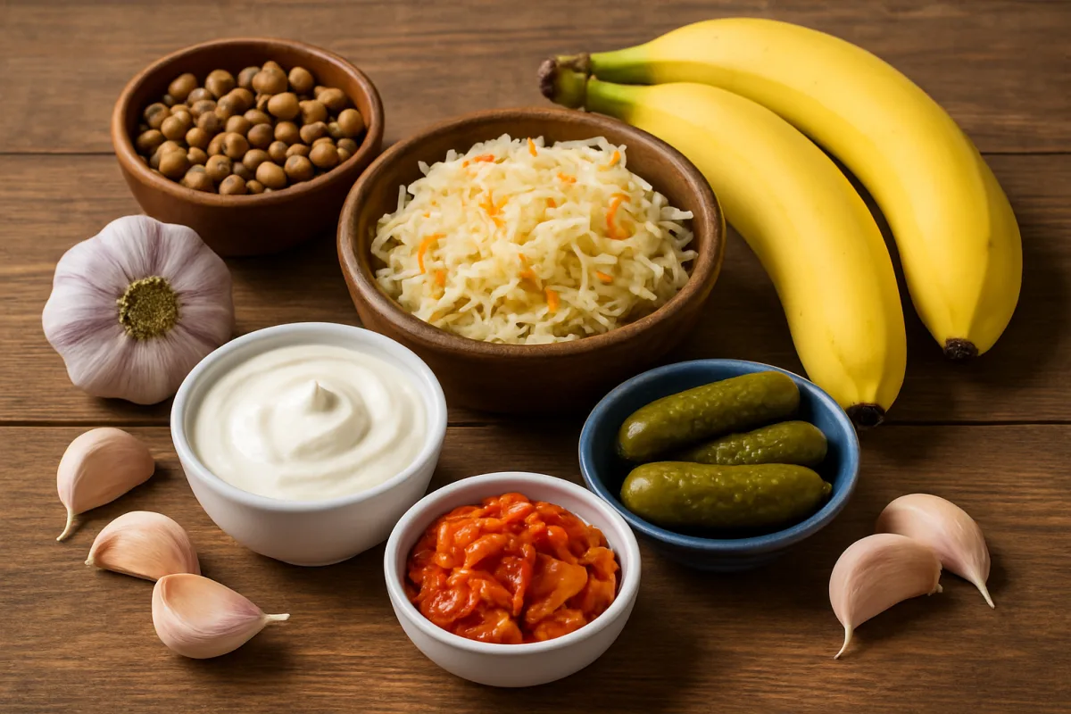 Best Foods for Gut Health including yogurt, sauerkraut, and bananas