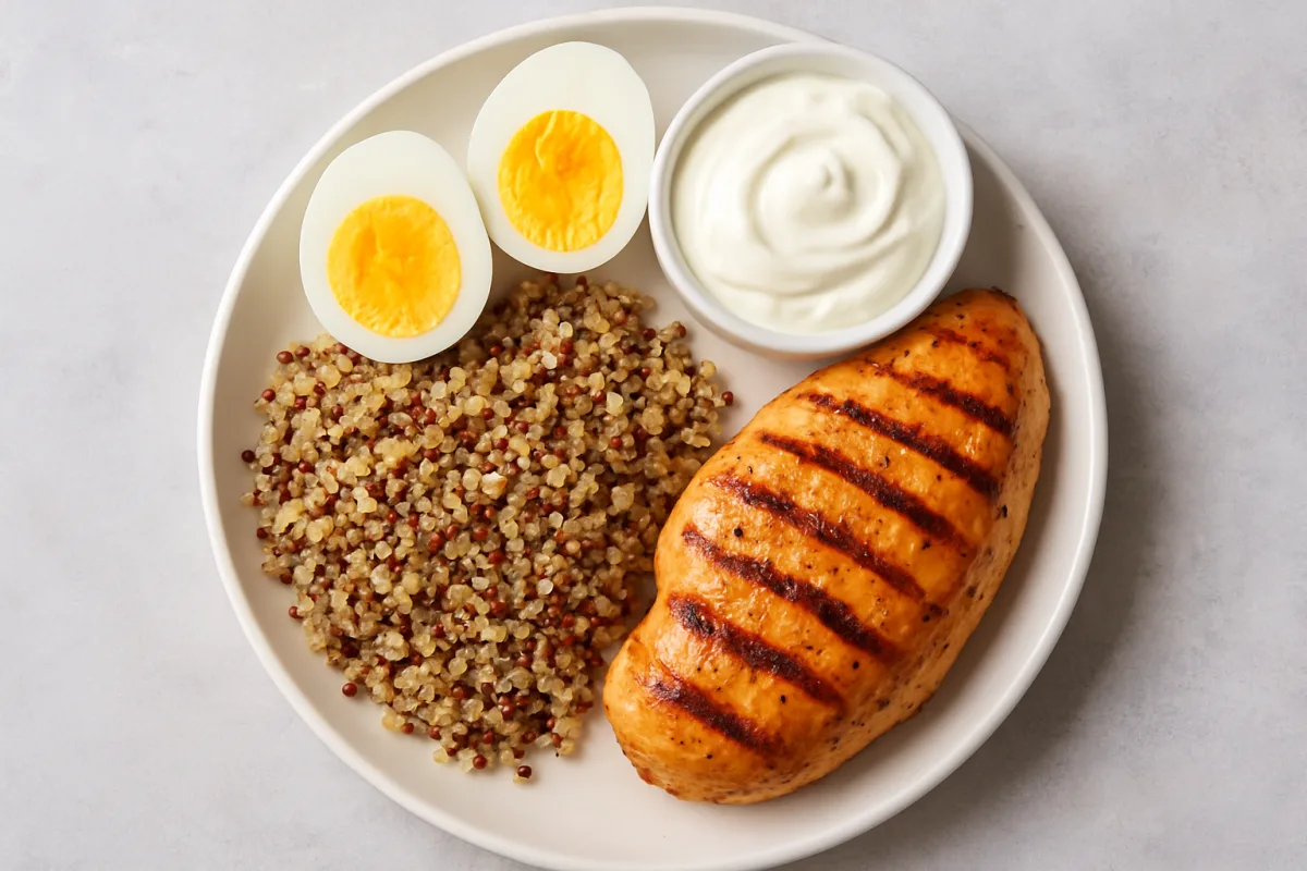 Best foods for muscle growth including chicken, eggs, and quinoa.