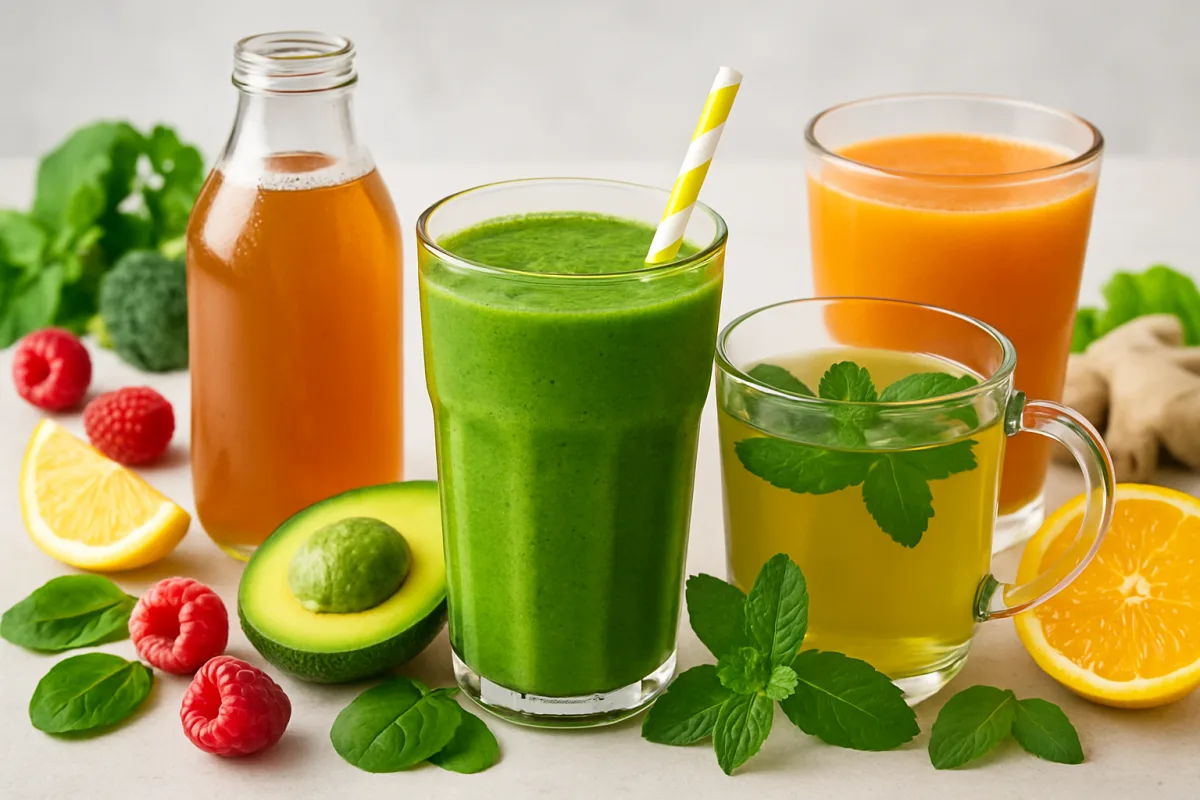 Assorted healthy drinks including kombucha, smoothies, and herbal teas