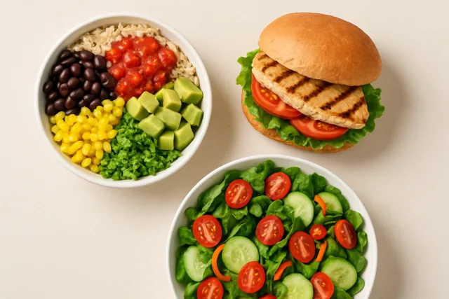 Healthy fast food options including burrito bowl, grilled chicken sandwich, and salad