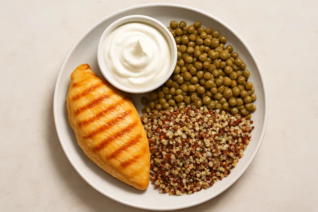 High protein foods including chicken breast, Greek yogurt, lentils, and quinoa.