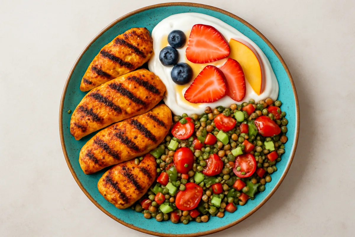High protein meals for fat loss including grilled chicken, Greek yogurt, and lentil salad.