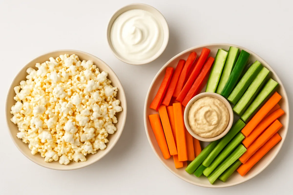 Assorted low calorie snacks including popcorn, yogurt, and vegetables