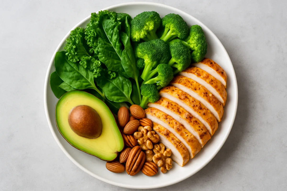 Low carb foods assortment including vegetables and proteins