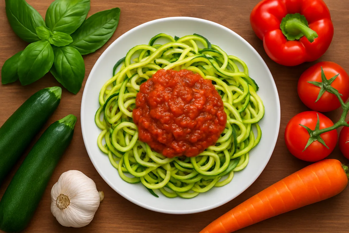 Low carb meal ideas featuring zucchini noodles and fresh vegetables