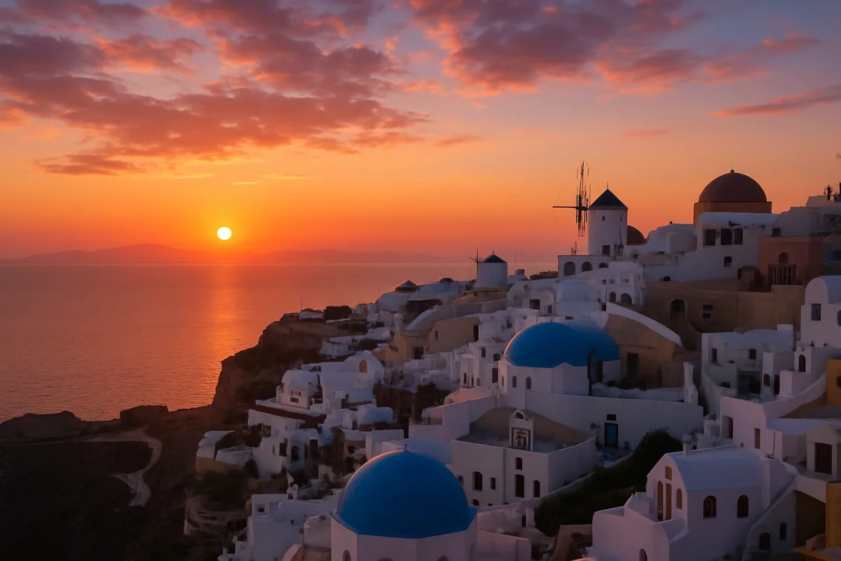 Stunning sunset in Santorini, Greece, ideal for romantic getaways.