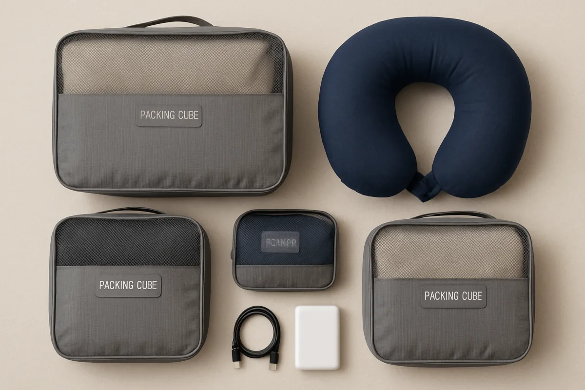 Best travel accessories including packing cubes, portable charger, and travel pillow.