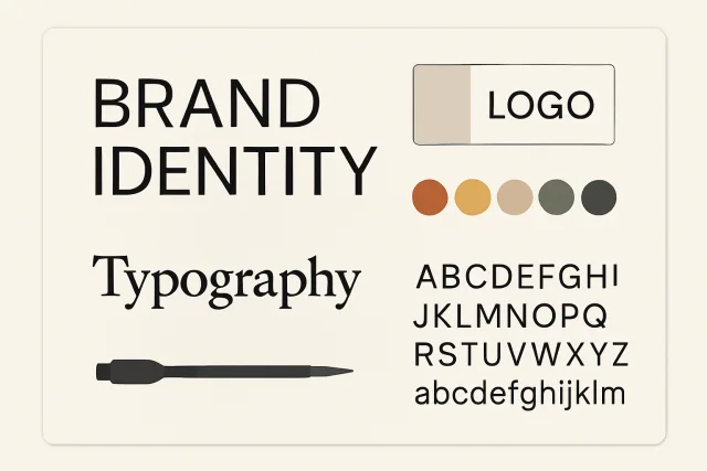 Brand Identity Design elements including logos and color schemes