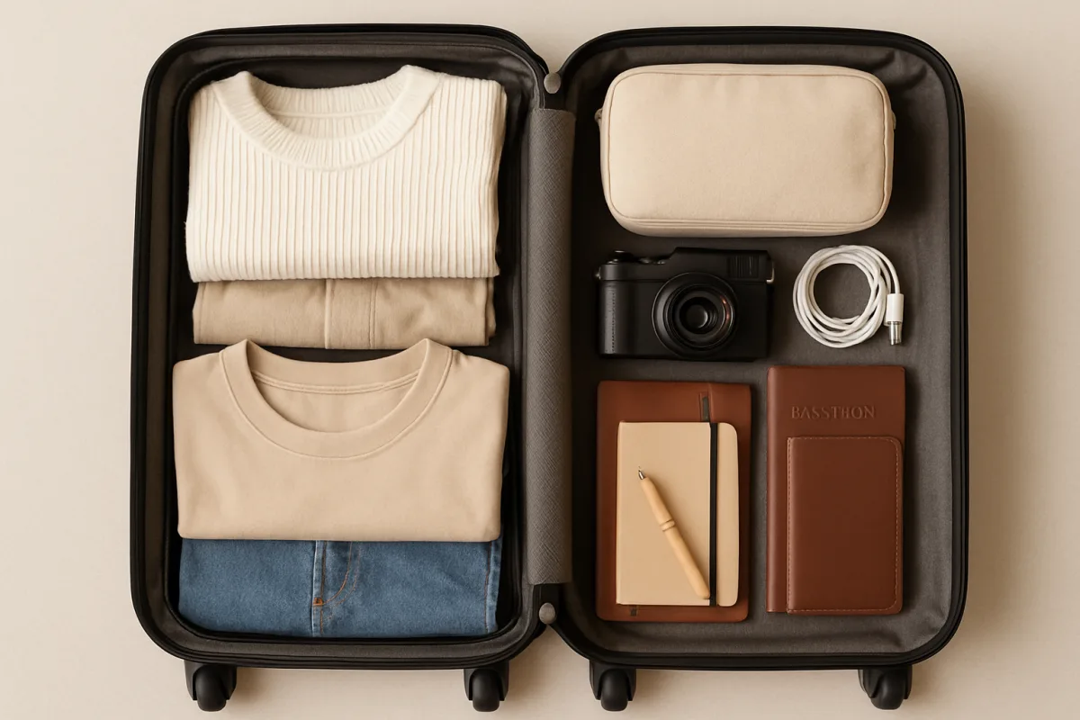 Carry On Only Travel Guide with packed suitcase