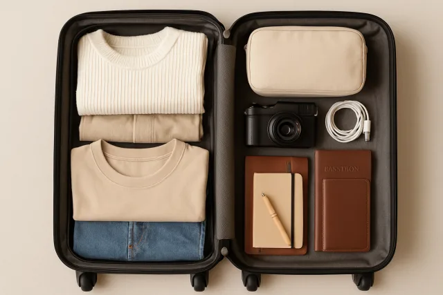 Carry On Only Travel Guide with packed suitcase
