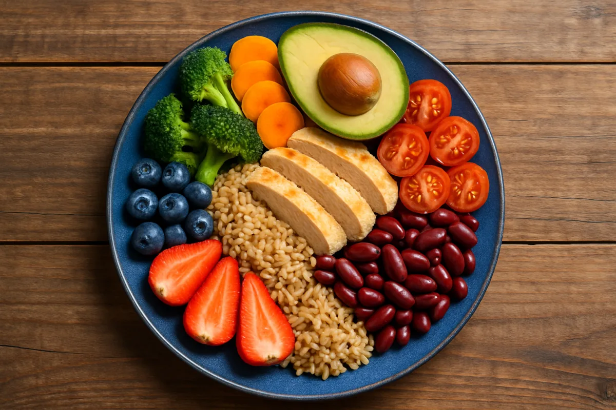 A colorful clean eating plate with fruits, vegetables, and whole grains.