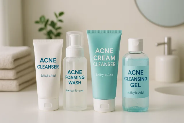Cleansers for acne-prone skin displayed in a calming bathroom setting