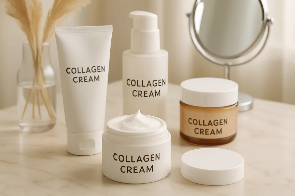 Collagen creams displayed on a vanity for skincare routine.