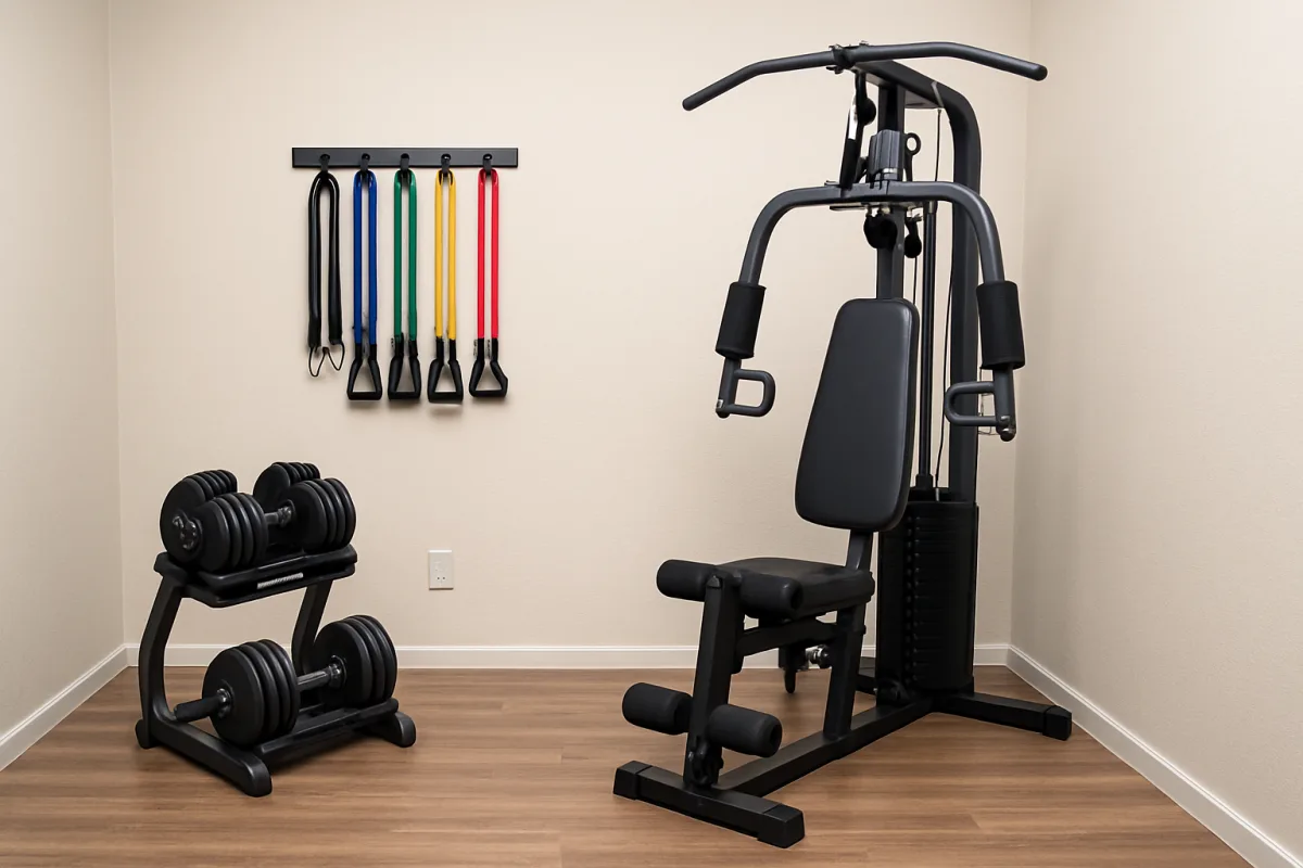 Compact Home Gym Equipment setup with dumbbells and resistance bands
