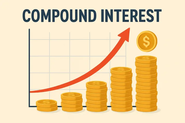 Illustration of compound interest growth with coins and graphs