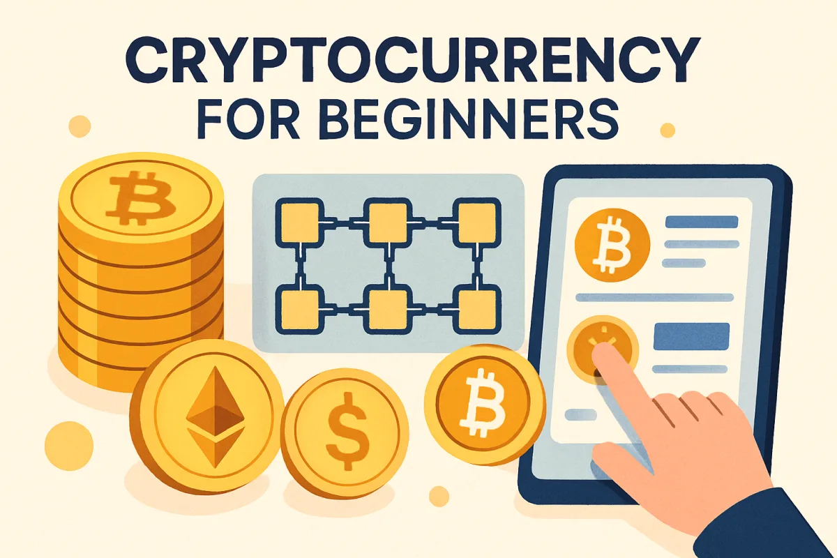 Crypto for beginners overview with coins and blockchain graphics
