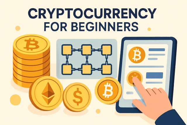 Crypto for beginners overview with coins and blockchain graphics