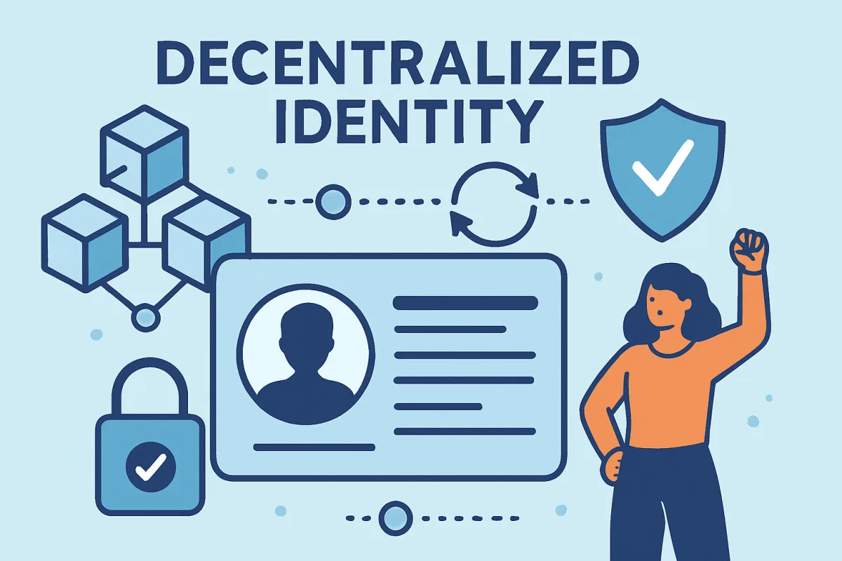 Decentralized Identity concept with blockchain and user empowerment themes.