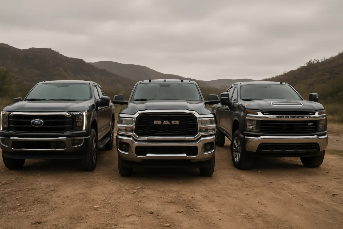 Comparison of diesel trucks including Ford Super Duty, Ram Heavy Duty, and Chevrolet Silverado HD