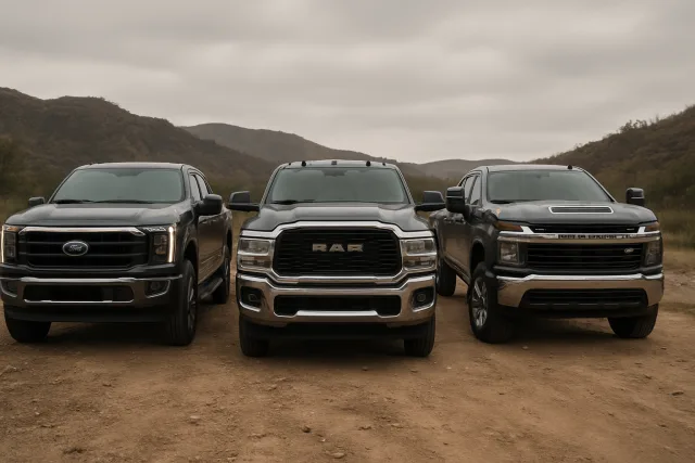 Comparison of diesel trucks including Ford Super Duty, Ram Heavy Duty, and Chevrolet Silverado HD