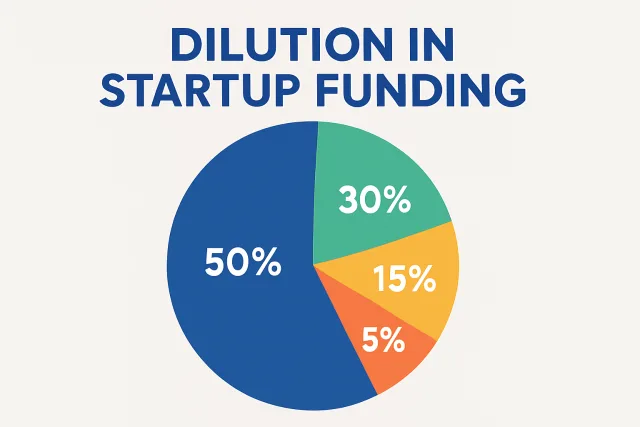 Dilution in startup funding illustrated with a pie chart showing ownership percentages.