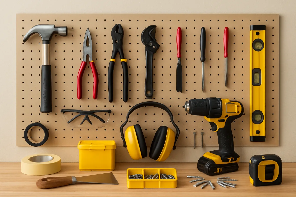 DIY home repairs workspace with tools and materials