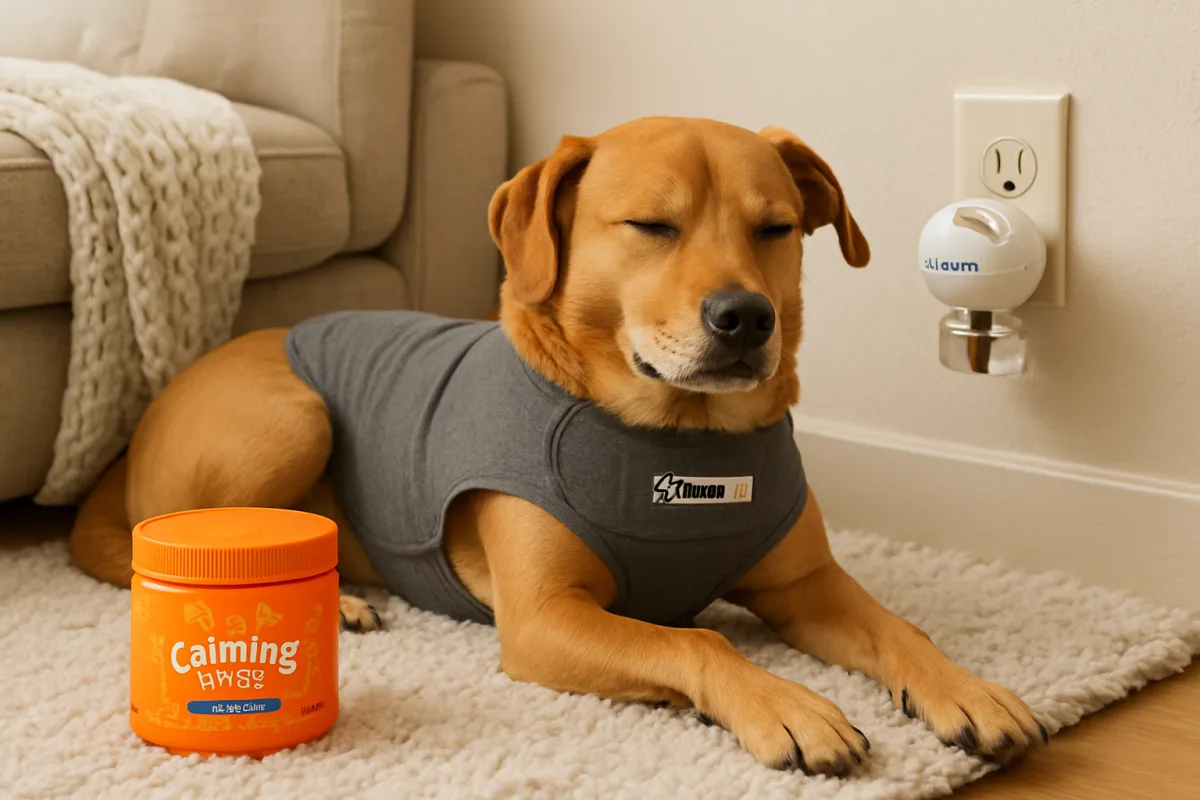 Dog anxiety products including ThunderShirt, calming chews, and Adaptil diffuser.