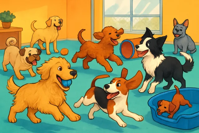 Dogs playing in a daycare environment