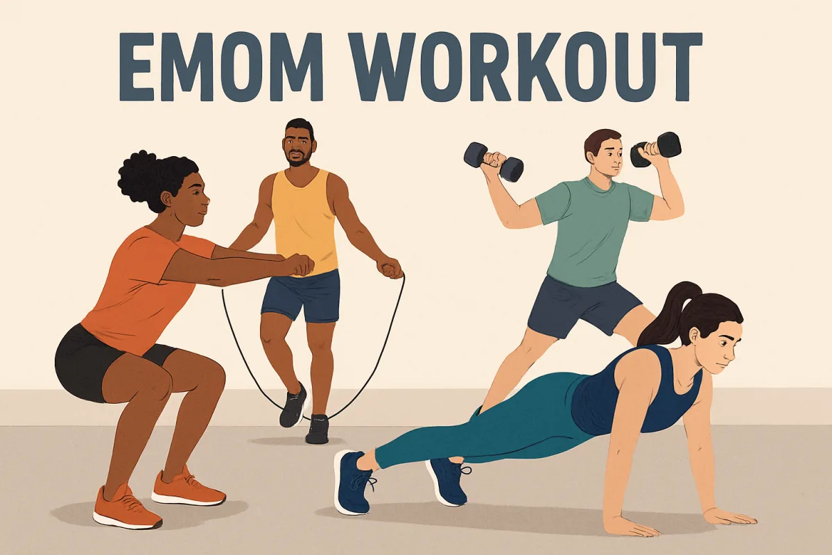 EMOM workouts in action with diverse individuals exercising