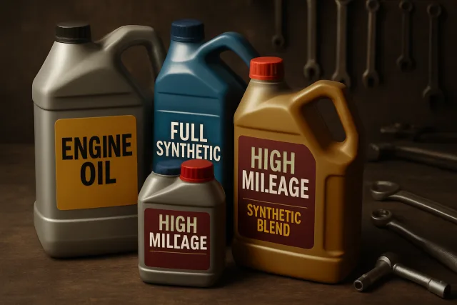 Different types of engine oils in labeled containers
