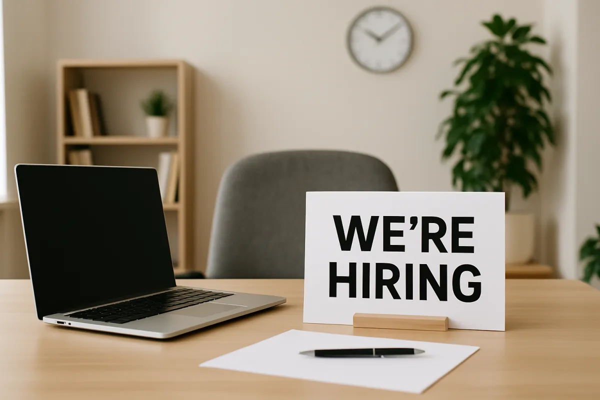 First Employee Hiring Guide workspace with hiring sign