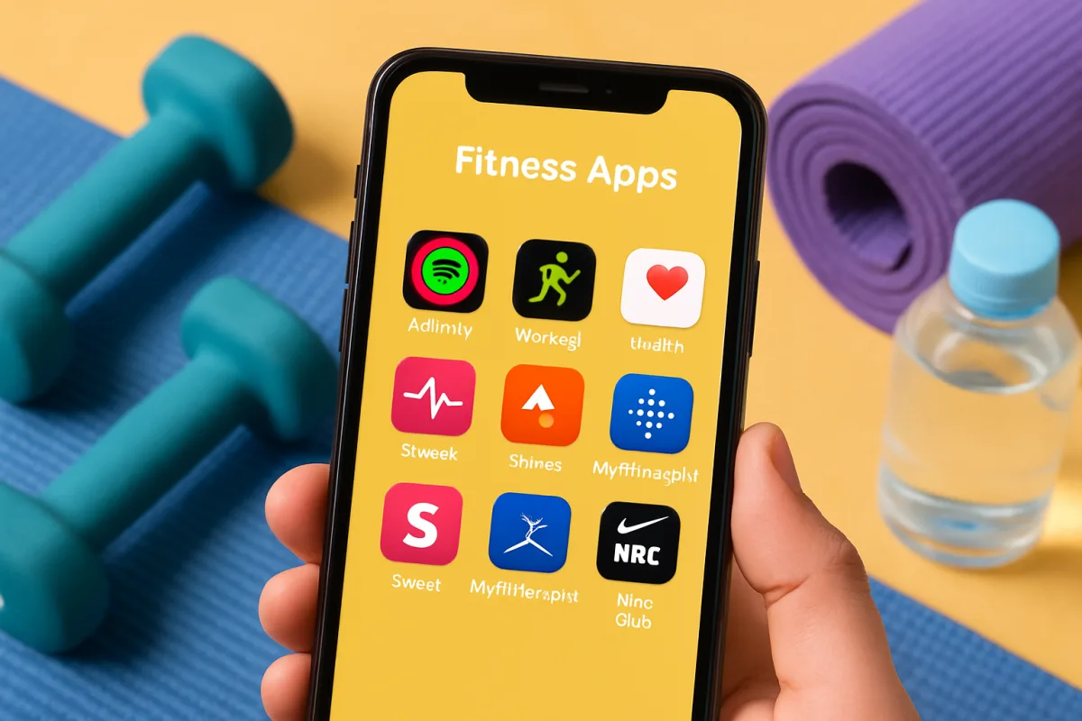 Fitness apps displayed on a smartphone with fitness equipment in the background