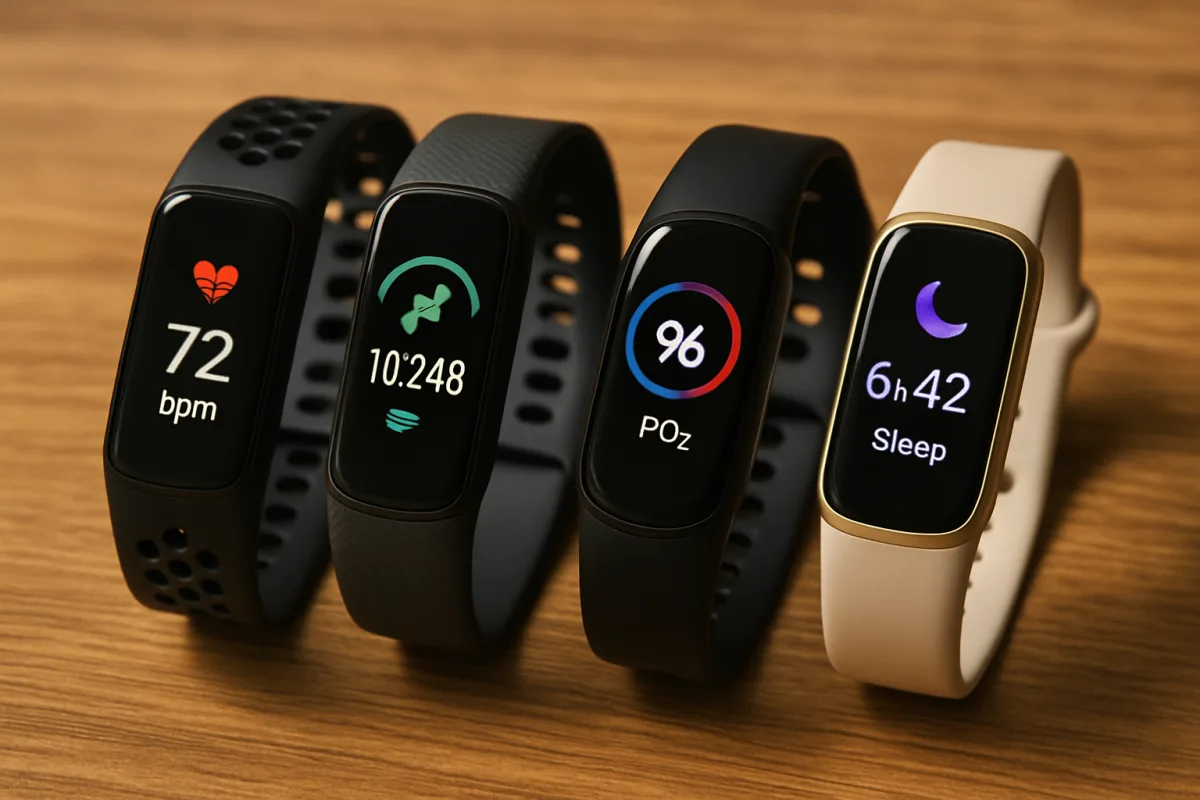Fitness trackers displayed on a table showing health metrics