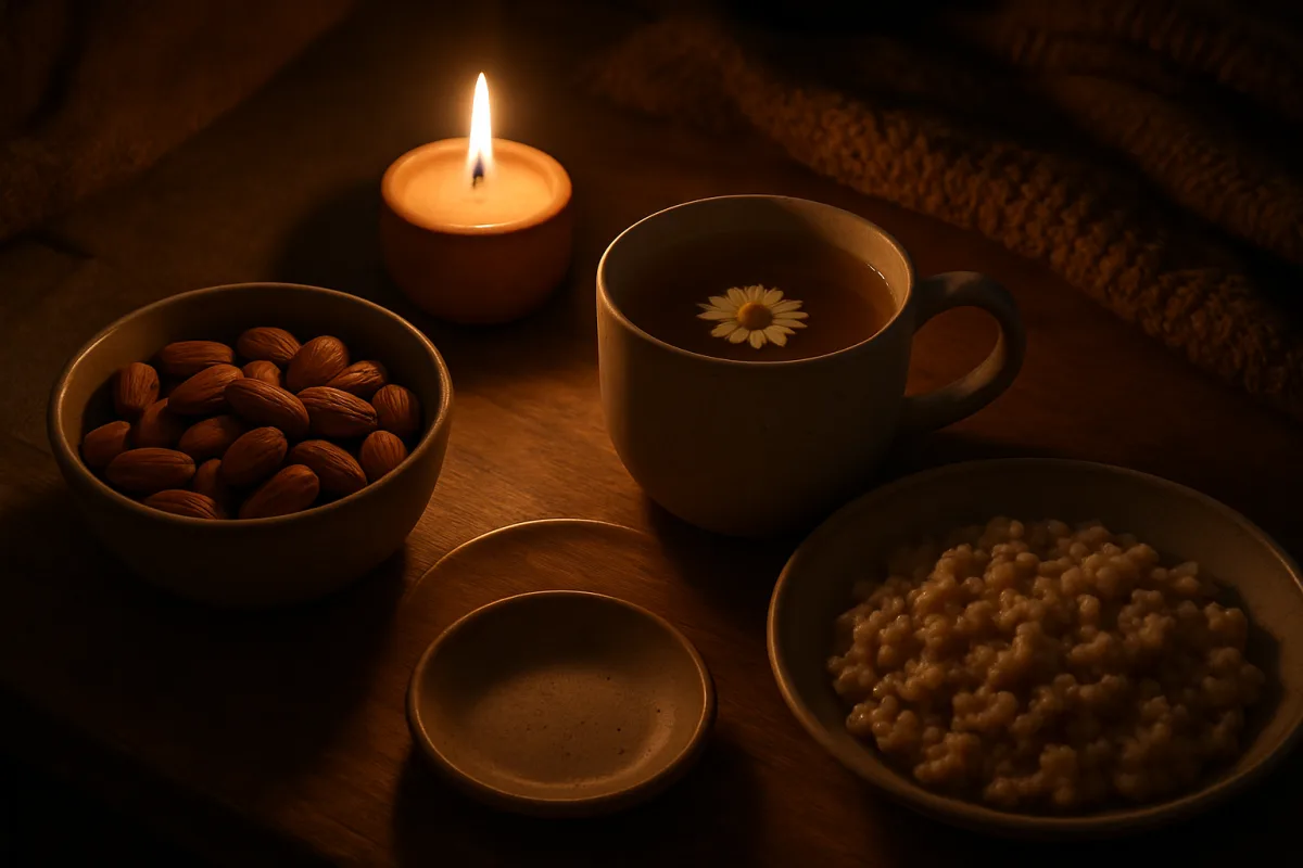 Foods for better sleep quality including almonds, whole grains, and chamomile tea.