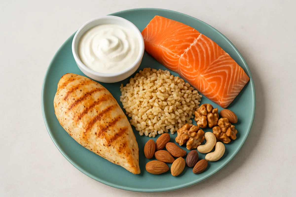 Foods for muscle growth including chicken, salmon, and yogurt