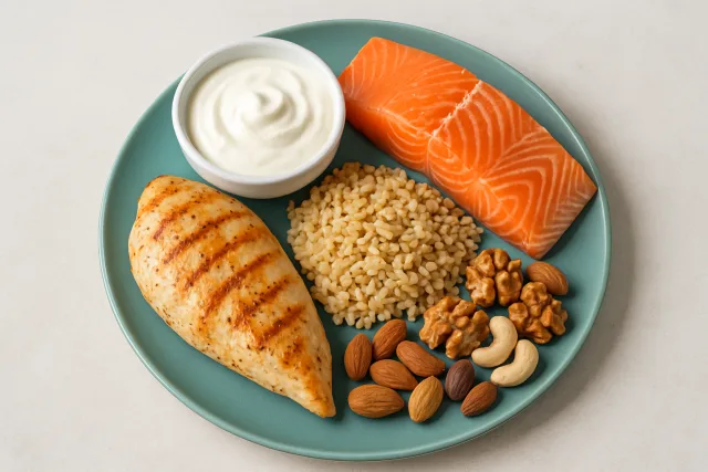 Foods for muscle growth including chicken, salmon, and yogurt