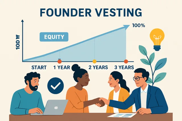 Illustration of founder vesting in startups showing equity milestones and collaboration.