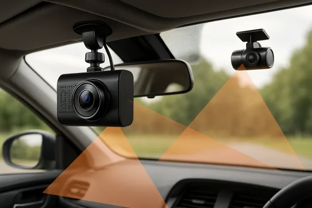 Front rear dual dash cams in a vehicle setup