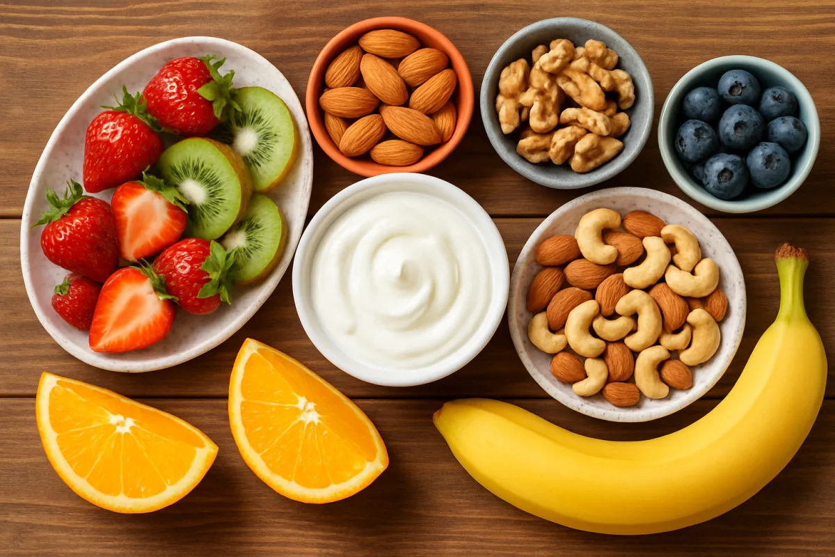 Healthy snacks under 200 calories including yogurt, nuts, and fruits